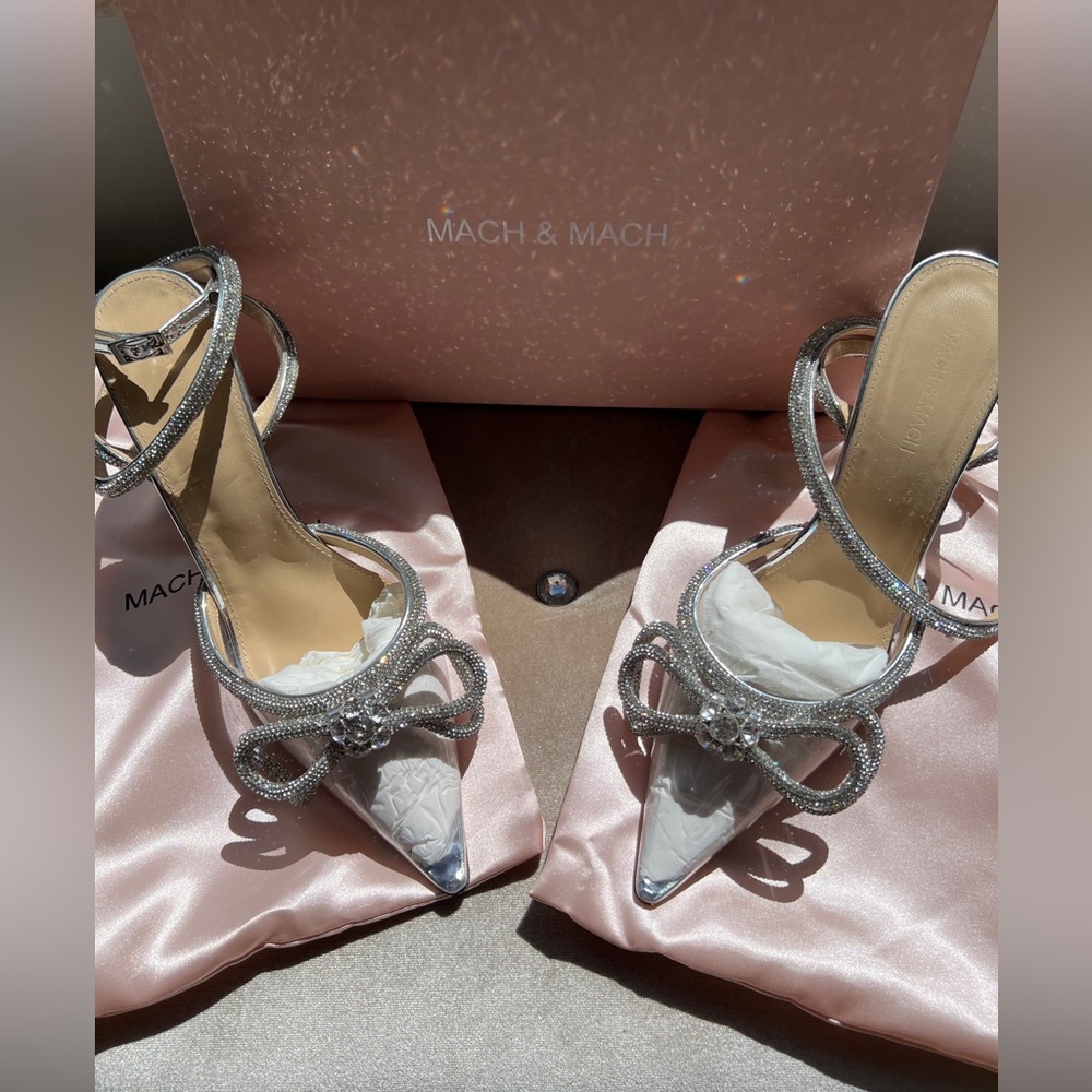 MACH & MACH Strass Double Bow Silver Ankle-Strap Pumps {41.5}
